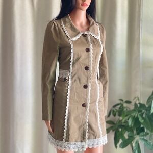 Khaki Cotton‎ Lace Trim Trench Coat Back Bow Cottagecore Coquette Lolita Retro M